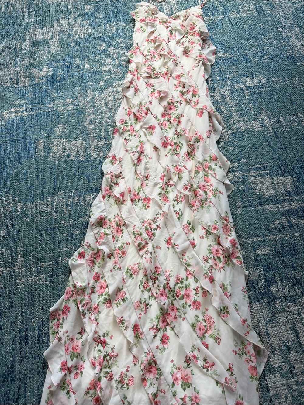 Altar'd State White Maxi Dress with Pink Floral Ruffles